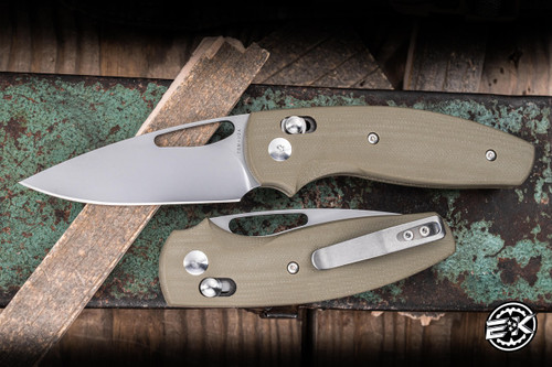 Three Rivers Manufacturing TRM BULLDOG Folding Knife OD Green G10 3" 20CV Stonewash