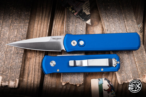 ProTech Godson Custom Automatic Folding Knife Solid Dark Blue Aluminum 3.15" 154CM Spearpoint Satin Plain Edge PT-721-SAT-BLUE