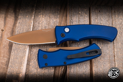 ProTech Duke 2 Automatic Folding Knife Dark Navy Blue 6061 Aluminum 2.65" PVD MagnaCut Tan  PT-DUKE2103-LTD-HERITAGE