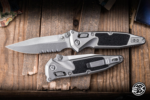 Microtech Marfione Select Socom RAM-LOK Manual Knife Stonewash Titanium, Bronze Accents Double Vapor Blast 4" M390 Stonewash Spear Point Part Serrated 160RL-11SMS2