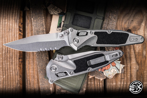 Microtech Marfione Select Socom RAM-LOK Manual Knife Stonewash Titanium, Blue Accents Double Vapor Blast 4" M390 Stonewash Spear Point Part Serrated 160RL-11SMS3