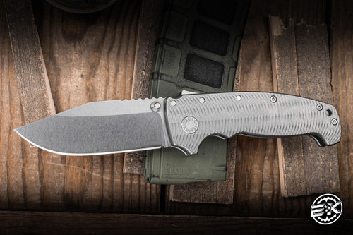 Demko Knives MGAD20 XXX Folding Knife Textured Titanium 3.6" 3V Drop Point, Thumb Stud EK-3014