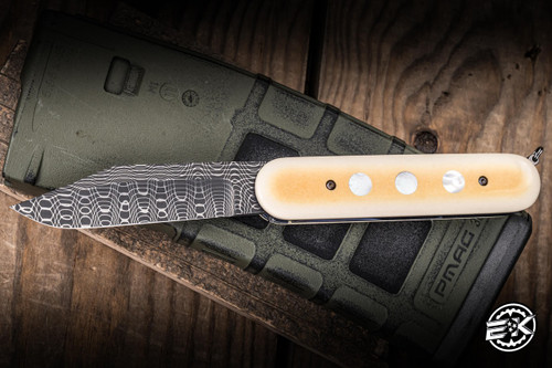 Switch Army Switchblade Knife Vintage Westinghouse Micarta, Pearl Inlay 3.25" VF Spirograph Damascus Bowie Satin EK-3036