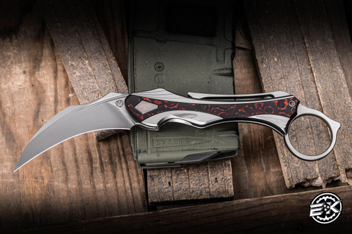 Poikilo Blade Thorny Devil Folding Knife Red Carbon Fiber/Titanium 2.6" M398 Hawkbill Pearlescent Stonewash EK-3044