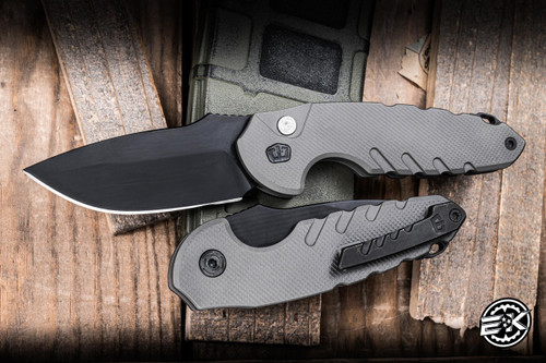 Blackside Customs Bad Idea Automatic Folding Knife Textured Grey Titanium 2.83" MagnaCut Drop Point Black EK-3047