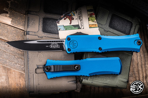 Microtech Hera II Mini OTF Automatic Knife Blue 3" M390 S/E Drop Point Black 1703M-1BL