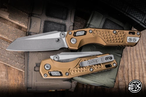 Microtech MSI Mini Ram-Lok Folding Knife Tan Frag Aluminum 3.25" M390 Wharncliffe Apocalyptic Stonewash 210M-10APFRTA