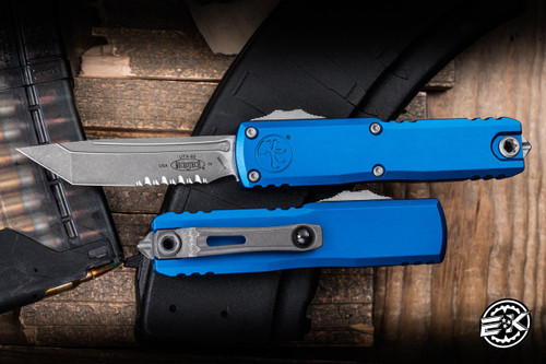 Microtech UTX-85 Gen IV OTF Automatic Knife Blue 3" M390 Apocalyptic Tanto Part Serrated 12334-11APBL