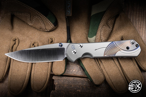 Preowned Chris Reeve Knives, Large Sebenza 21, Unique Graphic Titanium 3.6" S35VN Polished