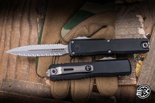 Microtech Ultratech Gen IV OTF Automatic Knife Aluminum 3.5" M390 Serrated Dagger Stonewash 11224-D12