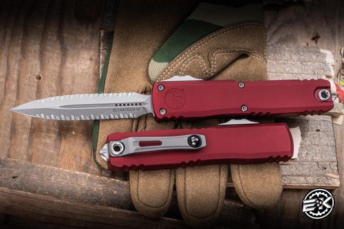 Microtech Ultratech Gen IV OTF Automatic Knife Merlot Aluminum 3.5" M390 Serrated Dagger Stonewash 11224-D12MR