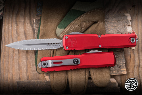 Microtech Ultratech Gen IV OTF Automatic Knife Red Aluminum 3.5" M390 Serrated Dagger Stonewash 11224-D12RD
