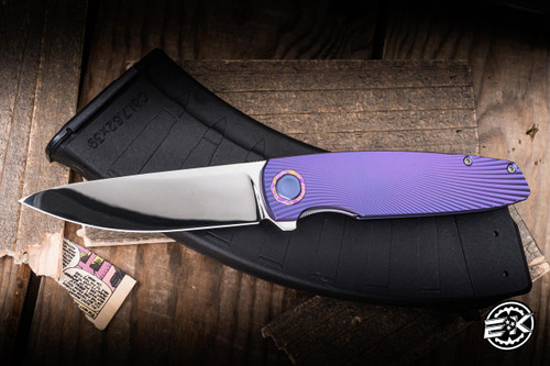 Holt Bladeworks Custom Outlaw Flipper Knife Purple Field Titanium 3.95" MagnaCut Near Mirror