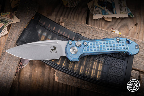 Microtech Marfione Select LUDT Automatic Folding Knife Ice Blue Frag Titanium 3.4" M390 Clip Point Stonewash 1135-10FRMS6