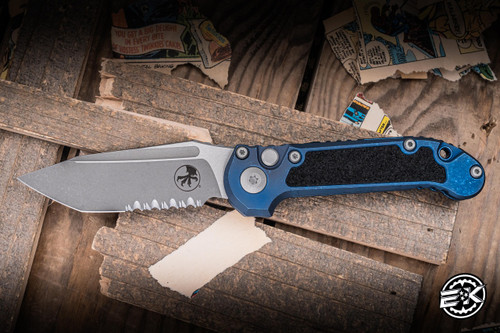Microtech Marfione Select LUDT Automatic Folding Knife Textured Inlay Antique Blue Titanium 3.4" M390 Tanto Partial Serrated Apocalyptic 1136-11APMS4