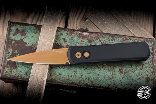 ProTech Godson Automatic Knife Black Aluminum 3.15" 154CM PVD Tan 721-TAN
