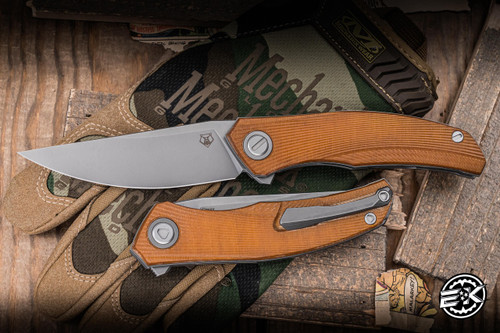 Shirogorov Knives Q95 Ursus Linerlock Flipper Knife Light Brown Micarta 3.75" Elmax Drop Point Stonewash