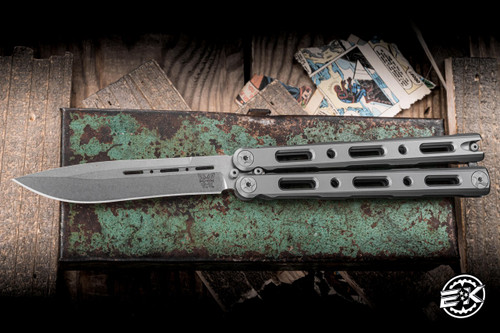 Preowned-Benchmade 85 Billet Titanium Balisong Butterfly Knife  4.4" Drop Point Stonewash