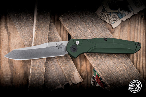 Preowned-Benchmade Osborne Automatic Folding Knife Green Aluminum 3.4" S30V Satin Reverse Tanto 9400