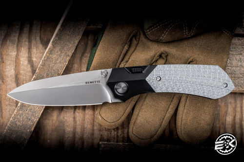 Remette RT Meteor Button Folding Knife Black Titanium Silver Carbon Fiber 3" M390 Drop Point Pearlescent RTPT-BL