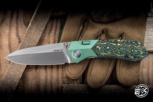 Remette RT Meteor Button Folding Knife Green Titanium Carbon Fiber 3" M390 Drop Point Pearlescent RTPT-CL
