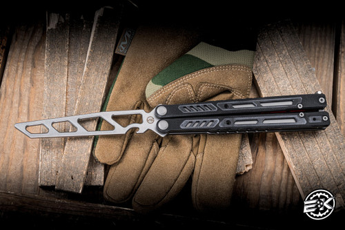 Preowned-Maxace Banshee V2 Balisong Knife Black G10/Red Spacers 4.7" Satin Drop Point