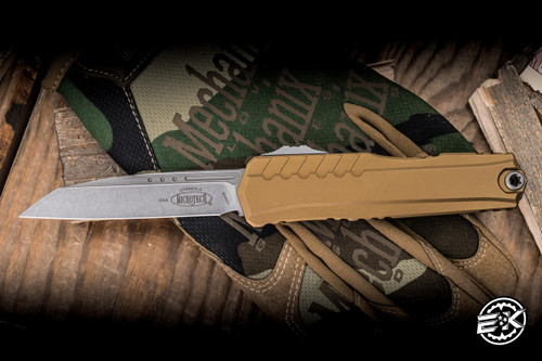 Microtech Cypher II OTF Automatic Knife Tan Aluminum 3.5" Wharncliffe Stonewash 1241-10TA