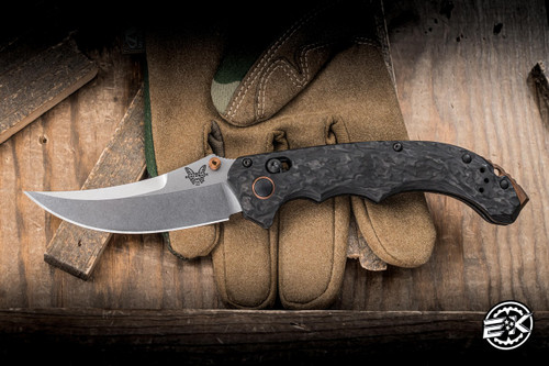 Preowned-Benchmade Mini Bedlam Marbled Carbon Fiber 3.45" S90V Scimitar 865-02