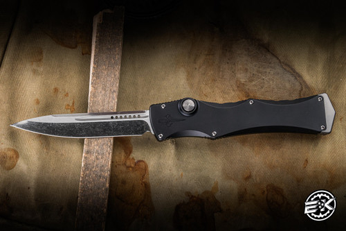 Microtech Marfione Custom Halo IV OTF Knife Black Aluminum 3.8" M390 Clip Point Cracked Ice 1150-CIBLKSS