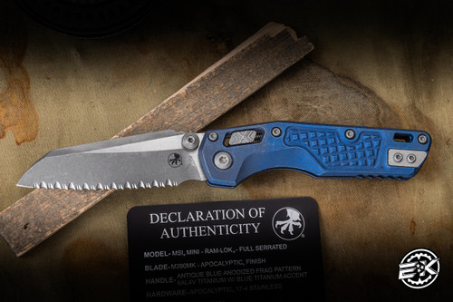 Microtech Marfione Select MSI Mini Ram-Lok Knife Antique Blue Frag Titanium, Blue Accents  3.25" M390 Sheepsfoot Full Serrated Apocalyptic 210M-12APFRMS2