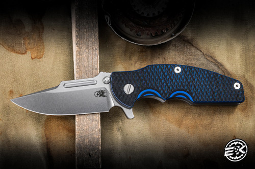 Rick Hinderer Knives Jurassic Folder Knife Triway Black/Blue/Stonewash Working Finish G10 3.38″ MagnaCut Frontier Clip Point 