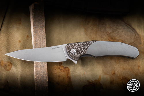 Herman Custom Knives Ishtar Folder Knife Leaves Titanium 3.74" Magnacut Clip Point Shiny Stonewash