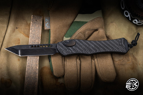 Heretic Knives Hydra V4 OTF Automatic Knife Carbon Fiber 3.6" Damascus Tanto DLC Vegas Forge Reptillian