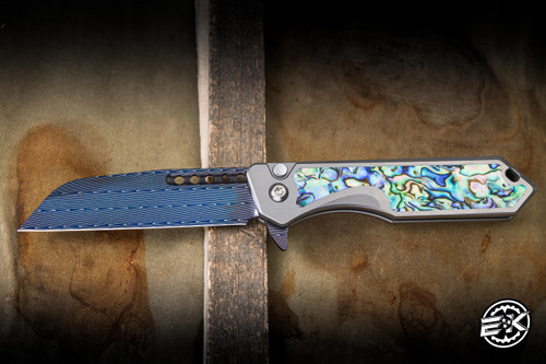 Heretic Knives Custom "Jinn" Slip Joint Knife Carbon Fiber, Abalone Inlay 3" Damascus Sheepsfoot Blued Vegas Forge Herringbone