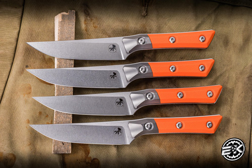 Microtech Steak Knife Kitchen Set Ember G10 Titanium Bolster 4.5" M390 Stonewash 3600B-10SETEM