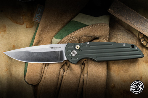 ProTech TR-3 Tactical Response Automatic Knife Grooved Green Aluminum 3.5" 154CM Clip Point Stonewash