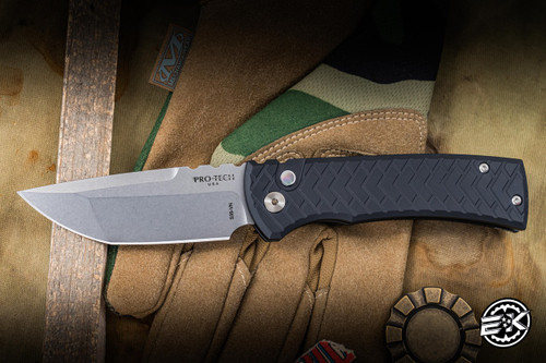 Chaves Knives/ProTech Redencion 229 Automatic Folding Knife Black Tread Aluminum 3.3" S35VN Tanto Stonewash