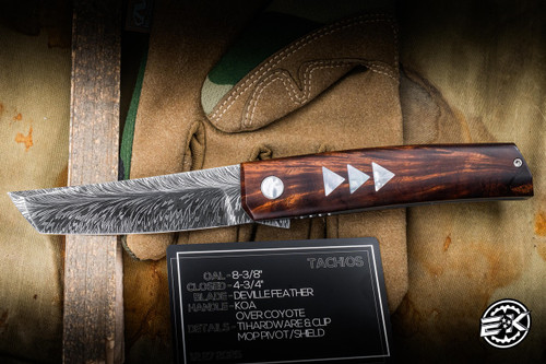 Jared Oester Tachi OS Flipper Knife Koa/Coyote Titanium 4.25" Deville Feather Damasus Tanto