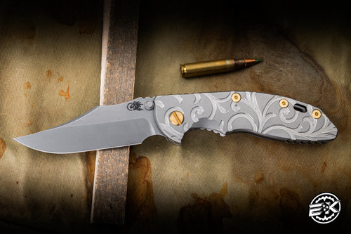 Preowned- Hinderer Knives Artistry Series XM-18 3.5" MagnaCut Bowie Non Flipper Folding Knife, Scroll Engraved Titanium