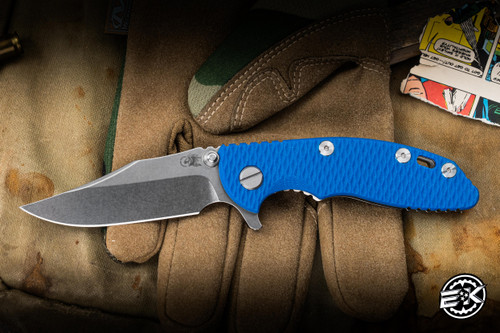 Rick Hinderer Knives XM-18 Folding Knife Blue G10/Stonewash Titanium 3" 20CV Bowie Stonewash