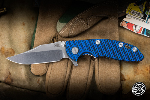 Rick Hinderer Knives XM-18 Folding Knife Blue/Black G10/Stonewash Titanium 3" 20CV Bowie Stonewash