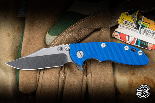 Rick Hinderer Knives XM-18 3" Bowie Stonewash, Blue G10/Working Finish Titanium