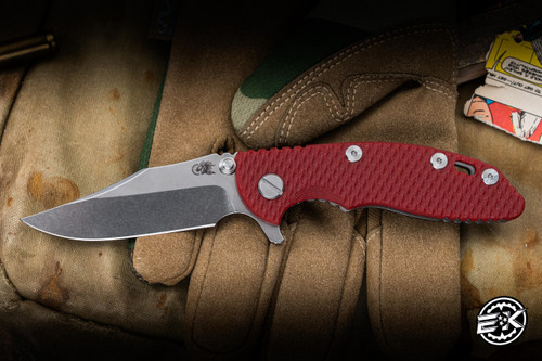 Rick Hinderer Knives XM-18 3" Bowie 20CV Stonewash, Red G10/Working Finish Titanium