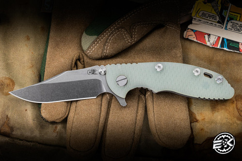 Rick Hinderer Knives XM-18 3" Bowie 20CV Stonewash Translucent Green G10/Working Finish Titanium