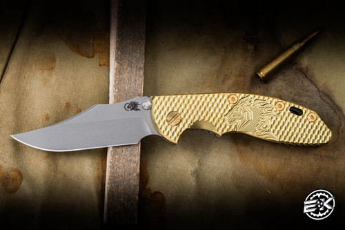 Preowned- Hinderer Knives XM-18 3.5" Bowie Non Flipper, Textured Brass Milled Horsehead