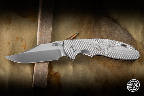 Preowned- Hinderer Knives XM-18 3.5" MagnaCut Bowie Non Flipper, Textured Titanium Milled Winged Crusader x Glass Breaker