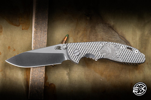 Preowned- Hinderer Knives XM-18 3.5" 20CV Slicer Hollow Grind Non Flipper, Textured Titanium Milled Horsehead x Glass Breaker