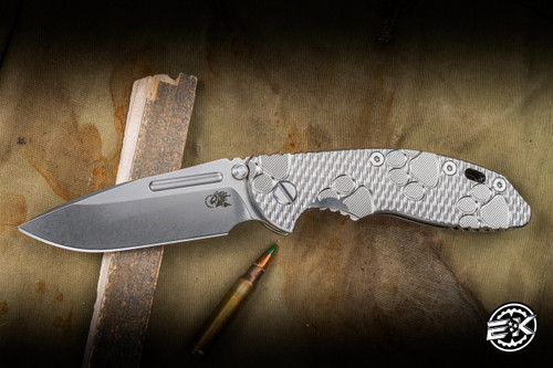 Preowned- Hinderer Knives XM-18 3.5" M390 Fullered Spear Non Flipper, Textured Titanium Milled Dog Paws