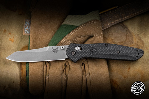 Pre-Owned Benchmade Osborne AXIS Lock Folding Knife Black Carbon Fiber 3.4" S90V Reverse Tanto Stonewash 940-1