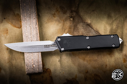 Microtech Scarab II Gen III OTF Automatic Knife Black Aluminum 4" M390 Drop Point Stonewash 1181-10